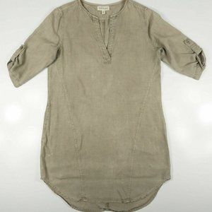 Cloth & Stone Women Tencel Tunic Dress Split Neck Roll Over Short Sleeve Brown S